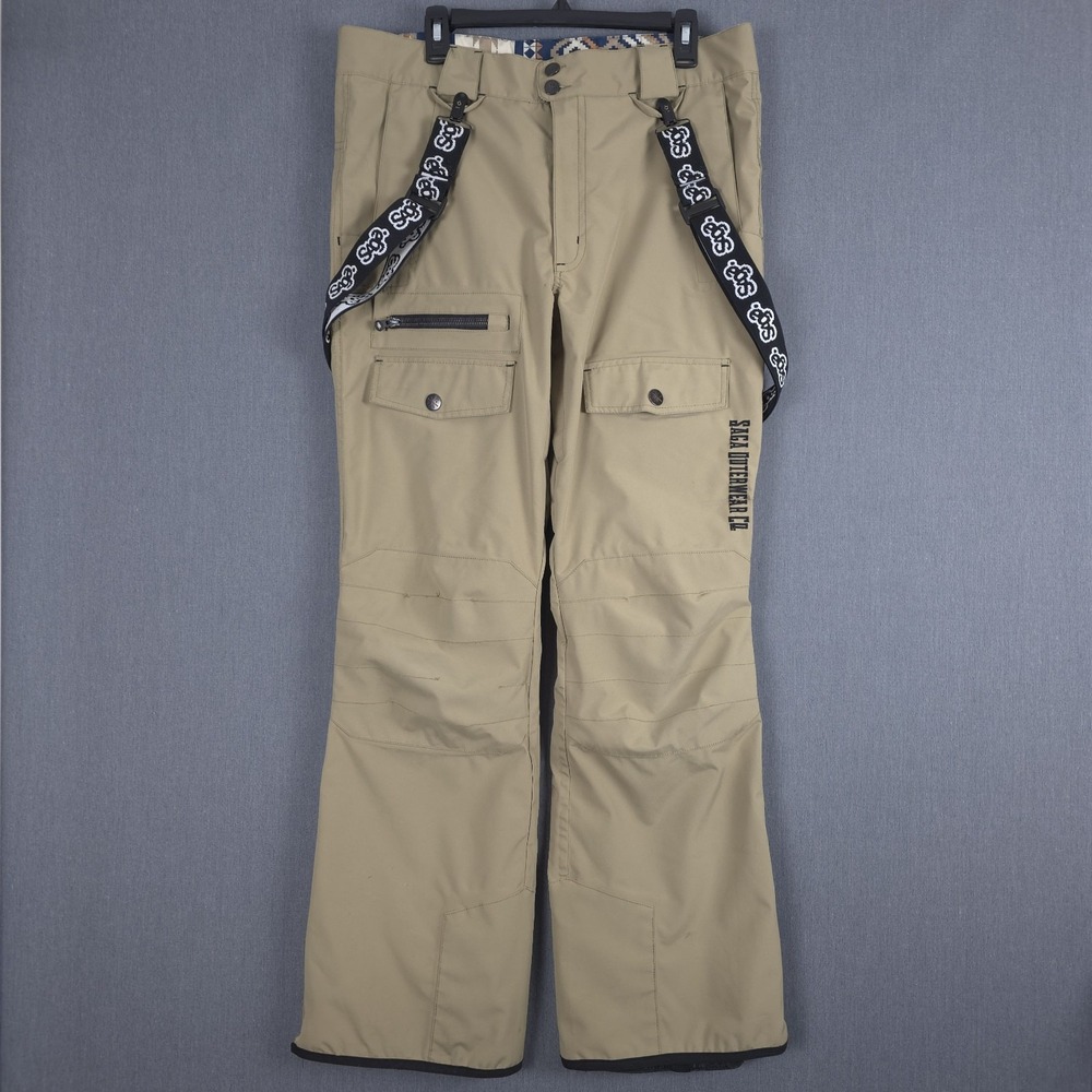 Saga Outerwear Snowboard Cargo Pants Mens Large Khaki Vented Suspenders‎ Ski
